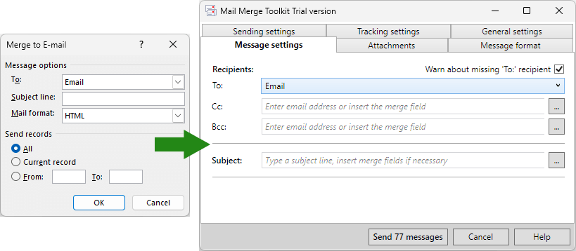 Mail Merge addin window