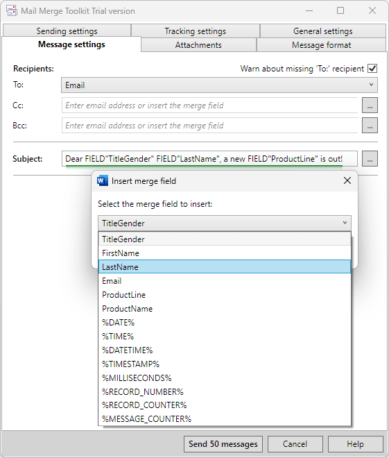 Outlook message subject customization